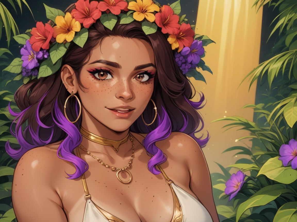 Purple Floral Print Toga, Jungle Plants In The Background, Nsfw Porno IA Latina