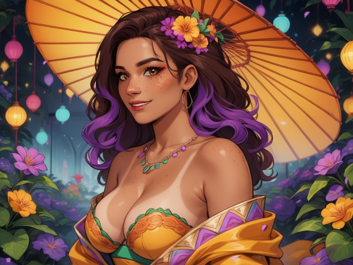 Rounded Breast Width, Neon Flora Glowing In Background, Add Details To Woman Latina AI Porn