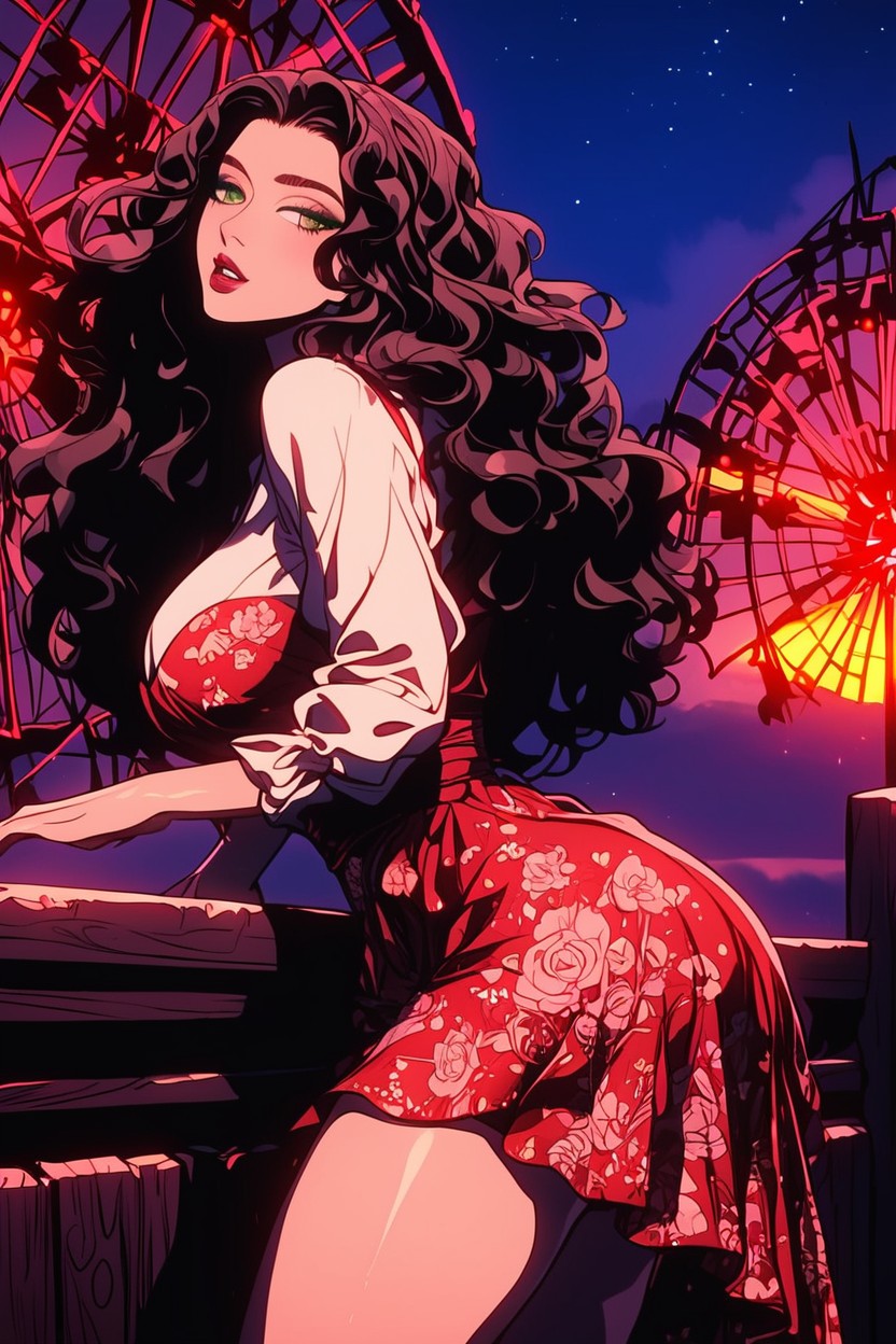 Dimly Lit, Gorgeous, Far Away View Of Ferris Wheel Wheel In Background AI Porn