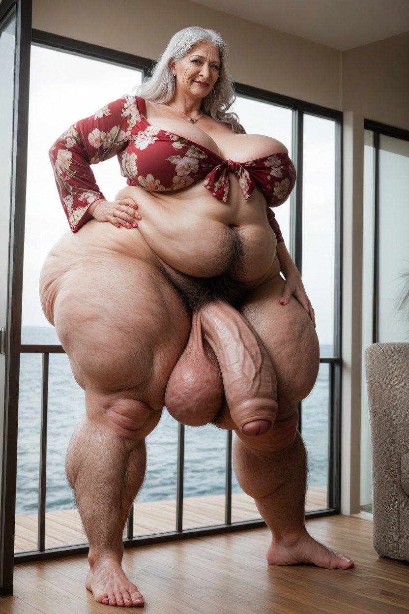 Cellulite Legs, Hyper Pubic Hair, Floral Print Robe AI Porn