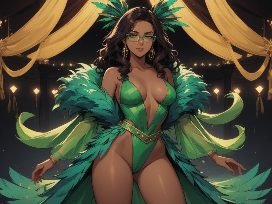 Green Feather Headress, Neon Carnival Lights, Green Feather Belt Porno IA Latina