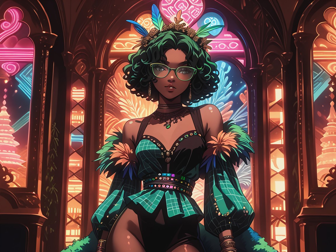 Neon Carnival Lights, Black Curly Hair, Amusement Park Hentai AI Porn