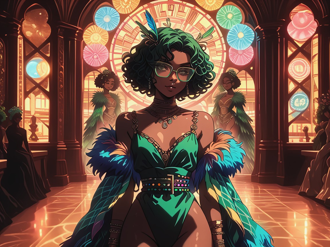 Black Curly Hair, Energetic Face, Green Feather Headress Hentai AI Porn