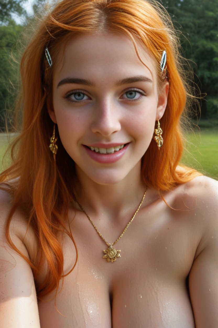 White Skin, Open Mouth Smile, Gold Necklace AI Porn