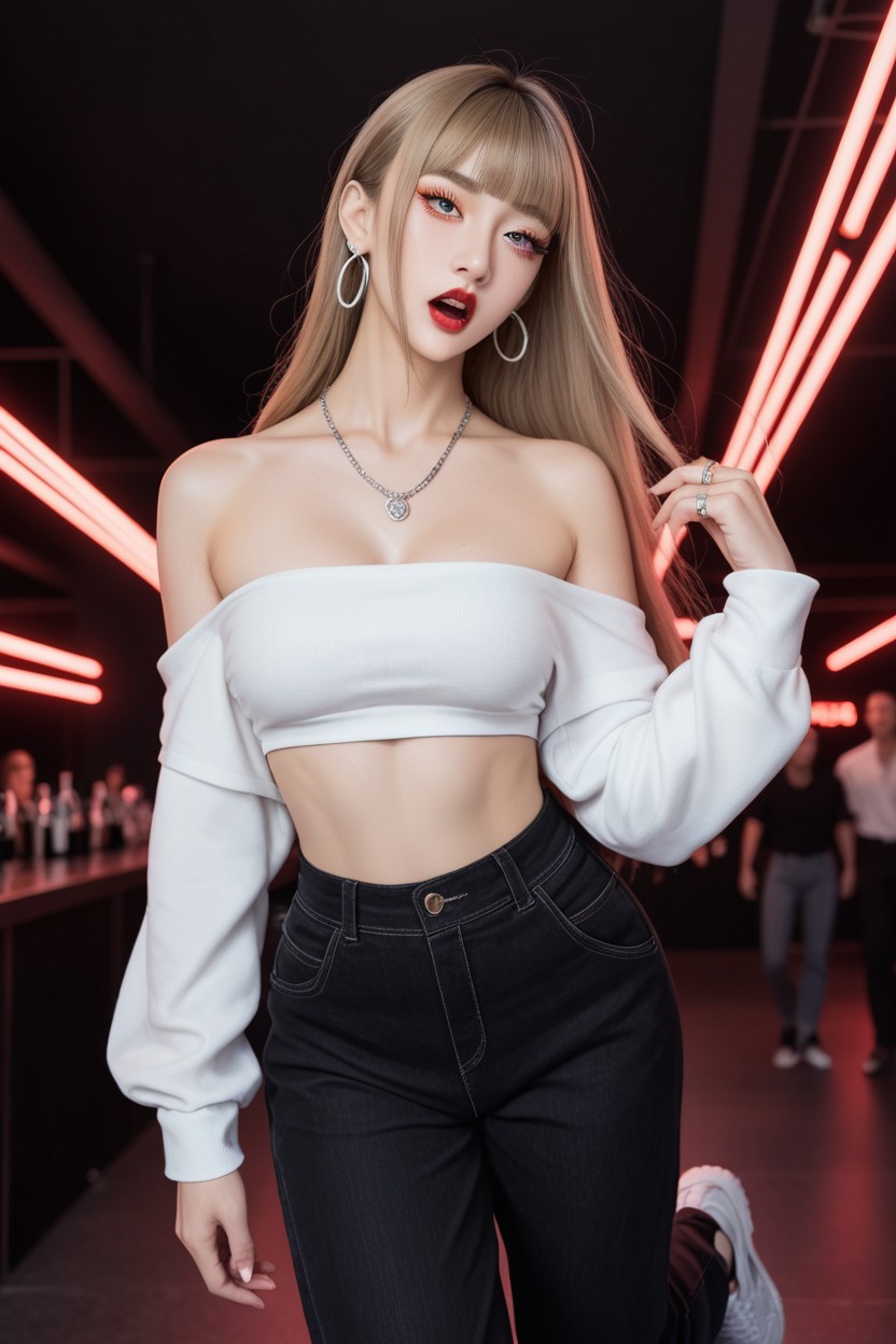 White Off-shoulder Knit Top Shirt, Cinematic Lighting, Curled Eyelashes AI國產黃片