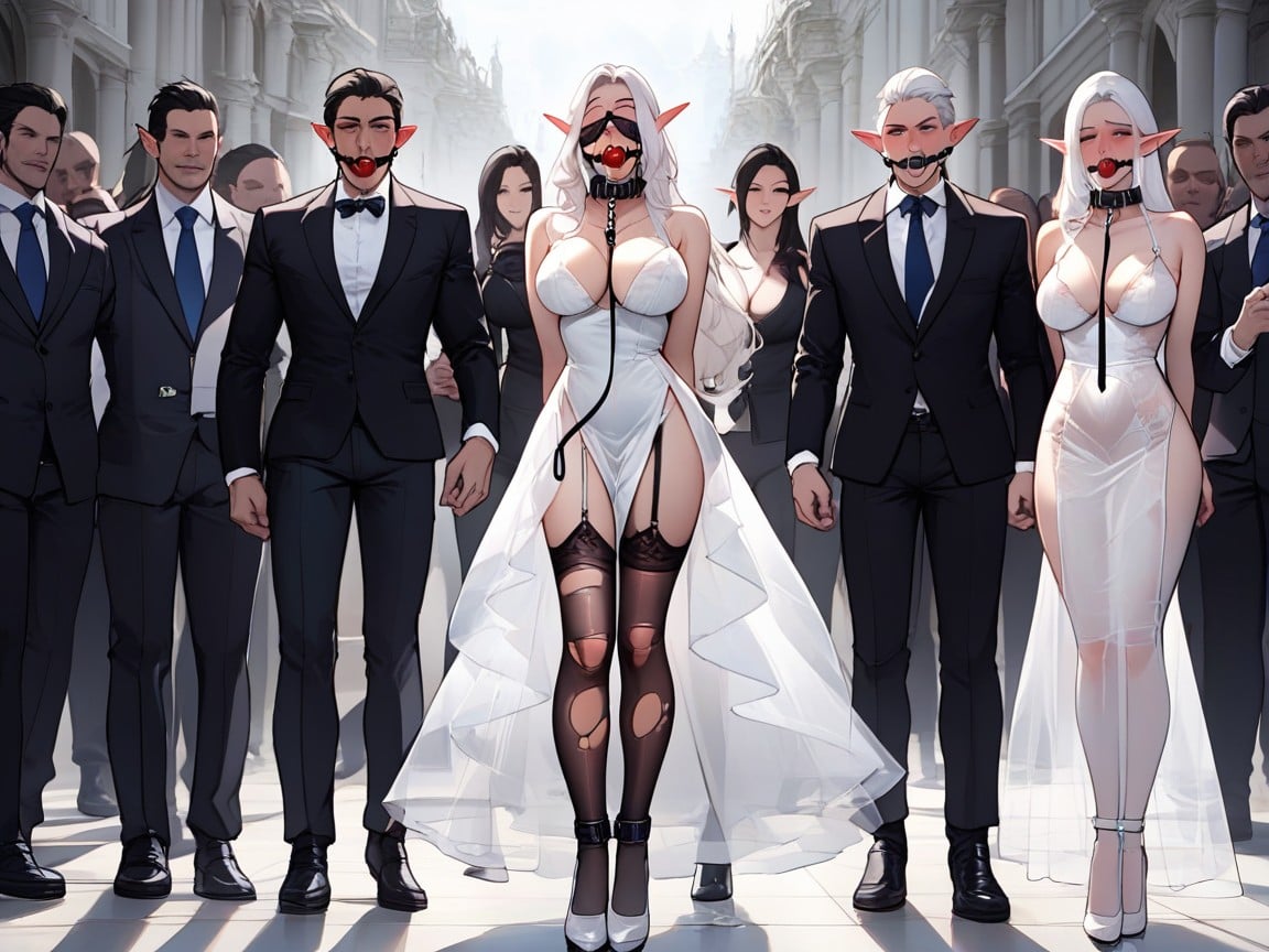 White Fox Tail Plugs For Both Women Visible, Held On A Leash By A Man In A Suit, Submissive AI Porn