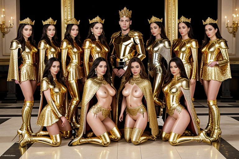 Gold Tight Bodystocking, Model Pose, Guards In Golden Armor AI Porn