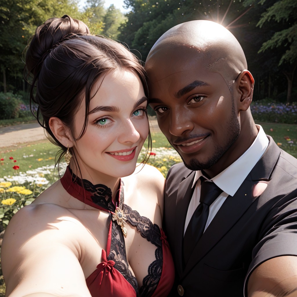 Submissive White Woman And Dominant African Black Man, Beautiful Romantic Setting, Outdoors Hentai AI Porn