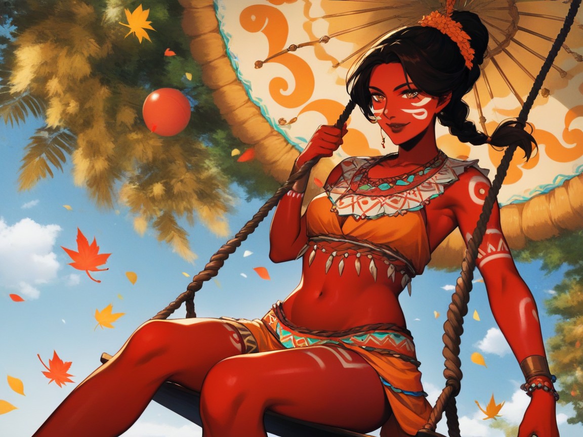 Black Braided Ponytail, Snatched Waist, Woman Sitting On A Chair Swing Hentai AI Porn