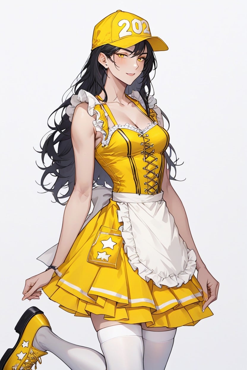 Fitted Yellow Cap, Yellow Flared Skirt, 18+ Hentai AI Porn