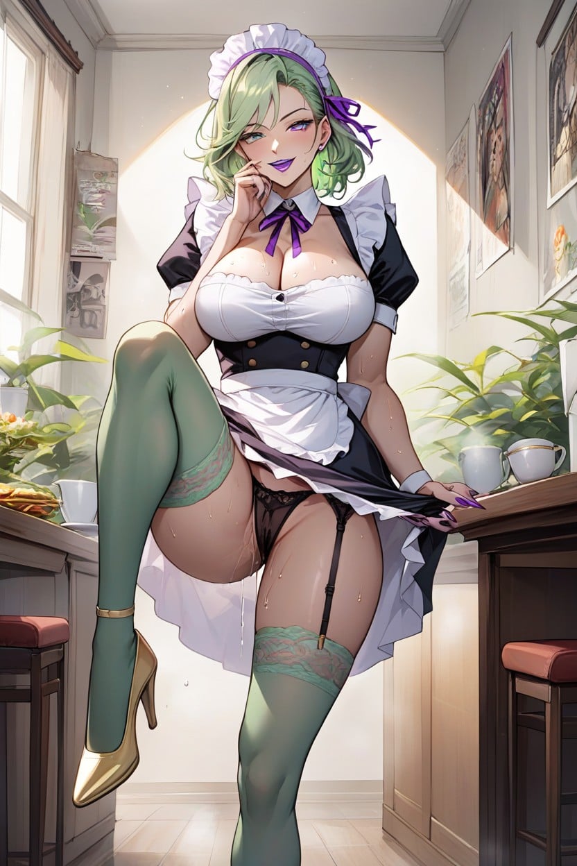 Leg Hold Pose, Standing, Green Stockings Hentai AI Porn
