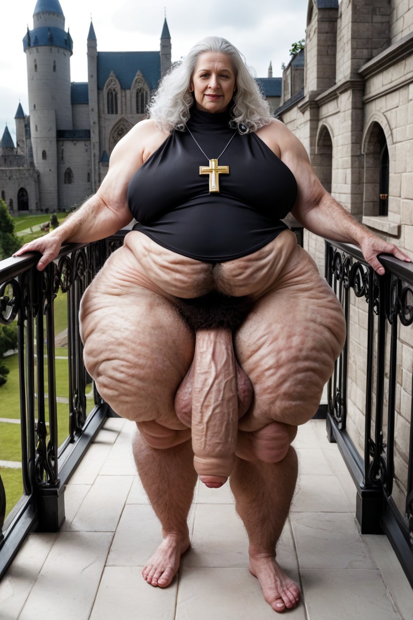 Huge Obese Belly, White Hair, Full Body AI Porn