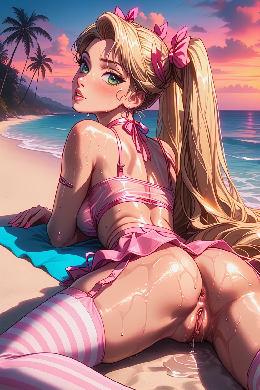 Oiled Skin, Neon Pink Skirt, Looking At Viewer AI Porn