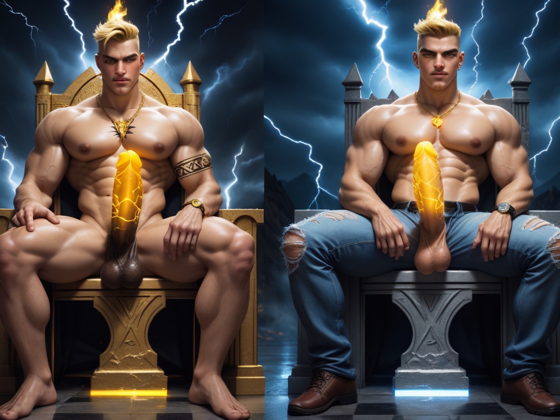 Gold Glowing Tattoos On Arms, Gold Glowing Tattoos On Body, Standing Penis AI Gay Porn