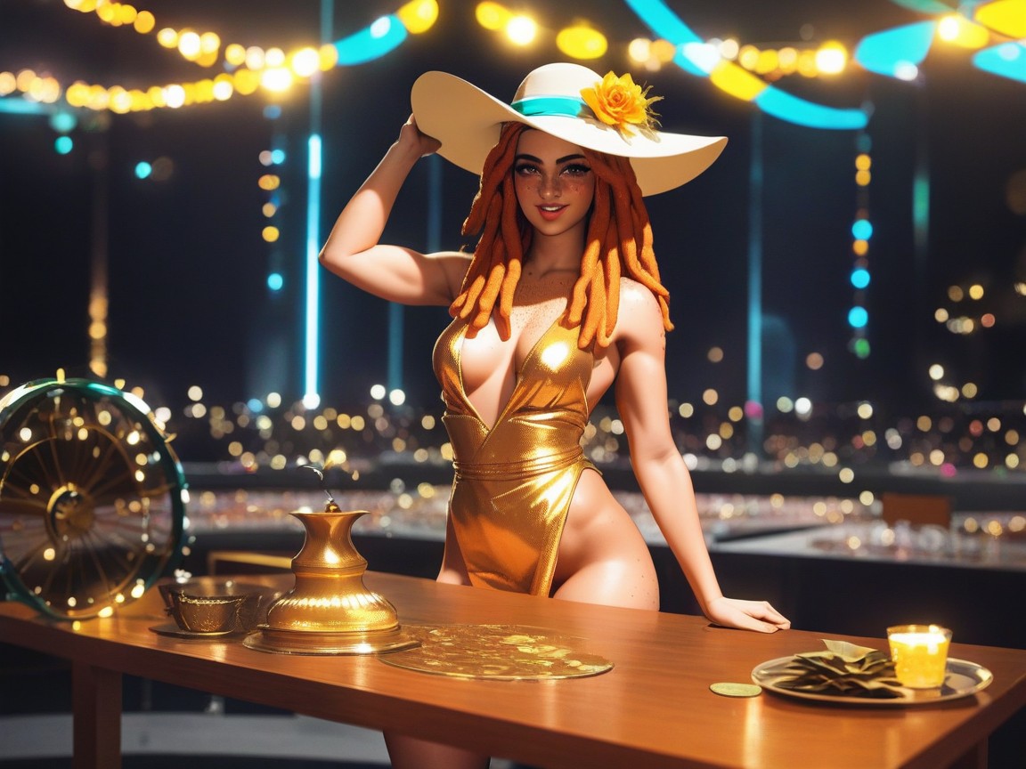 Spinner Prize Wheel In Background, Gold Metallic Belt, Gold Silk Sash Hentai AI Porn