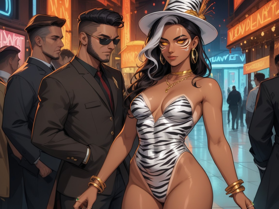 Squared Abdomen, Bobcut, Silver Neon Carnival Lights Latina AI Porn