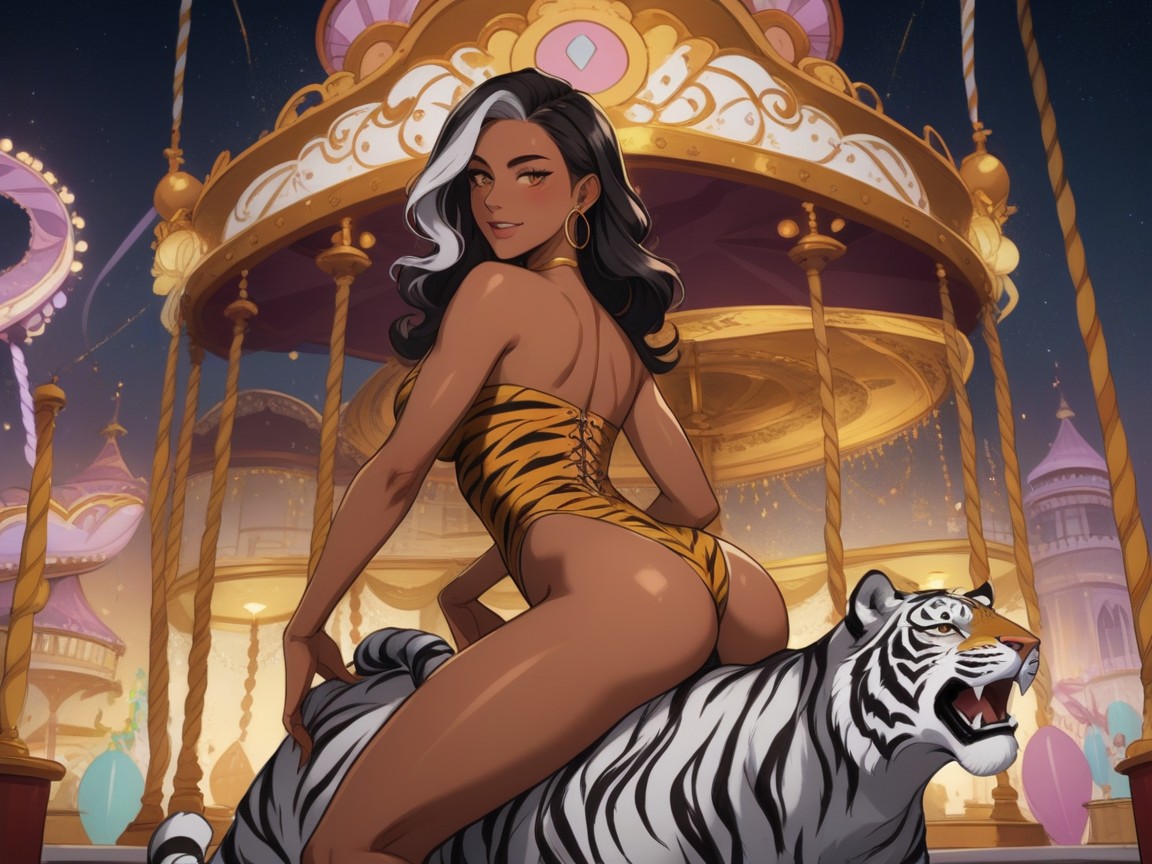 Squared Chest Width, Tiger Carousel, Silver Tiger Face Paint 라틴 AI 야짤