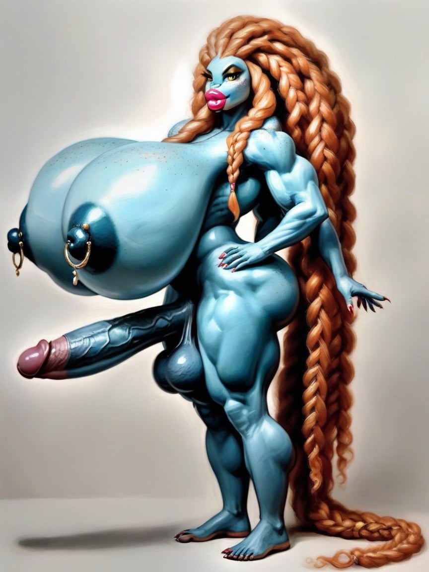 Hyper Bimbo, Braided Hair, Breast Expansion Furry AI Porn