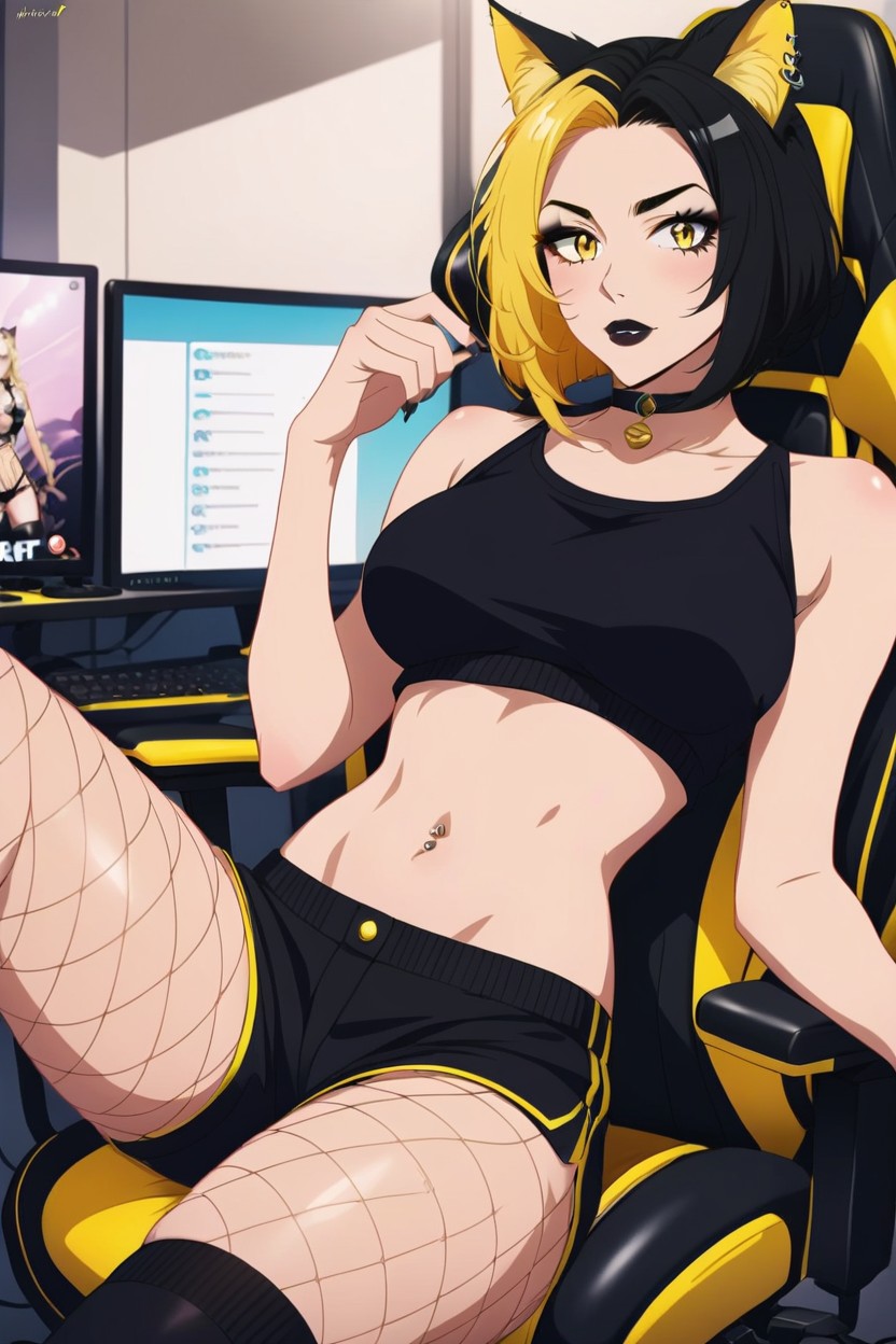 Gaming Setup, Medium Breast, Fishnets Under Shorts Hentai AI Porn