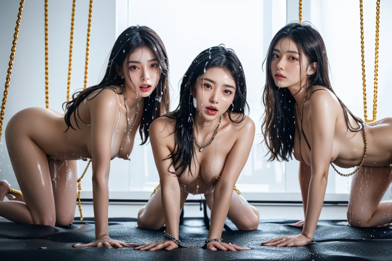 Visible Drops Of Cum Falling From Anus, Restrained By Metal Chains On All Fours, Visible Squirting Jet From Vagina Midair 아시아 AI 포르노
