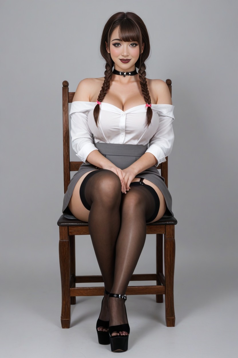 Glossy Black Brown Lipstick, Bangs, Black Garter Belt Stockings AI Porn