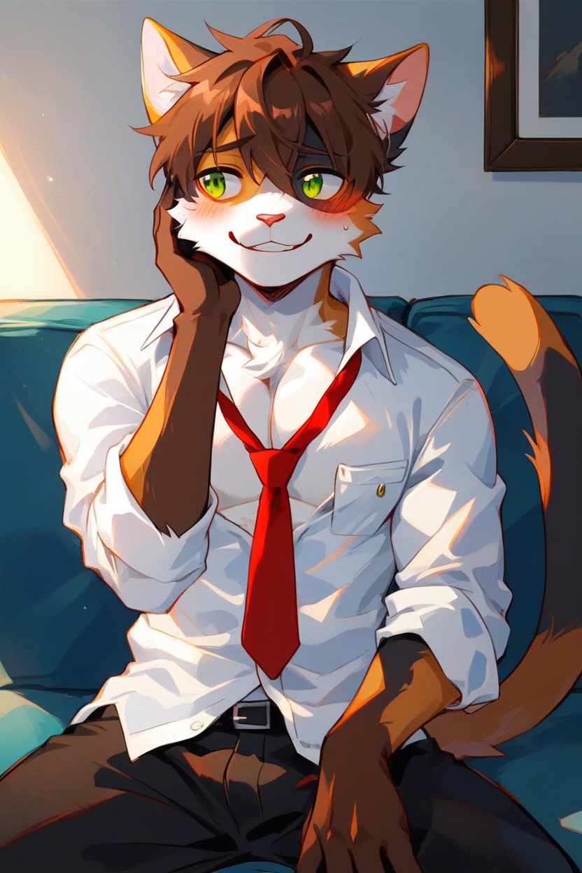 Green Eyes, Black Fur Around Right Eyes, Gay Furry 퍼리 AI 포르노