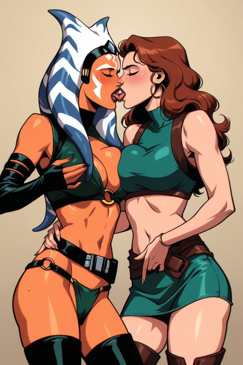 Lesbian Kissing, One Hand In Waistband, Knee Height Boots Hentai AI Porn