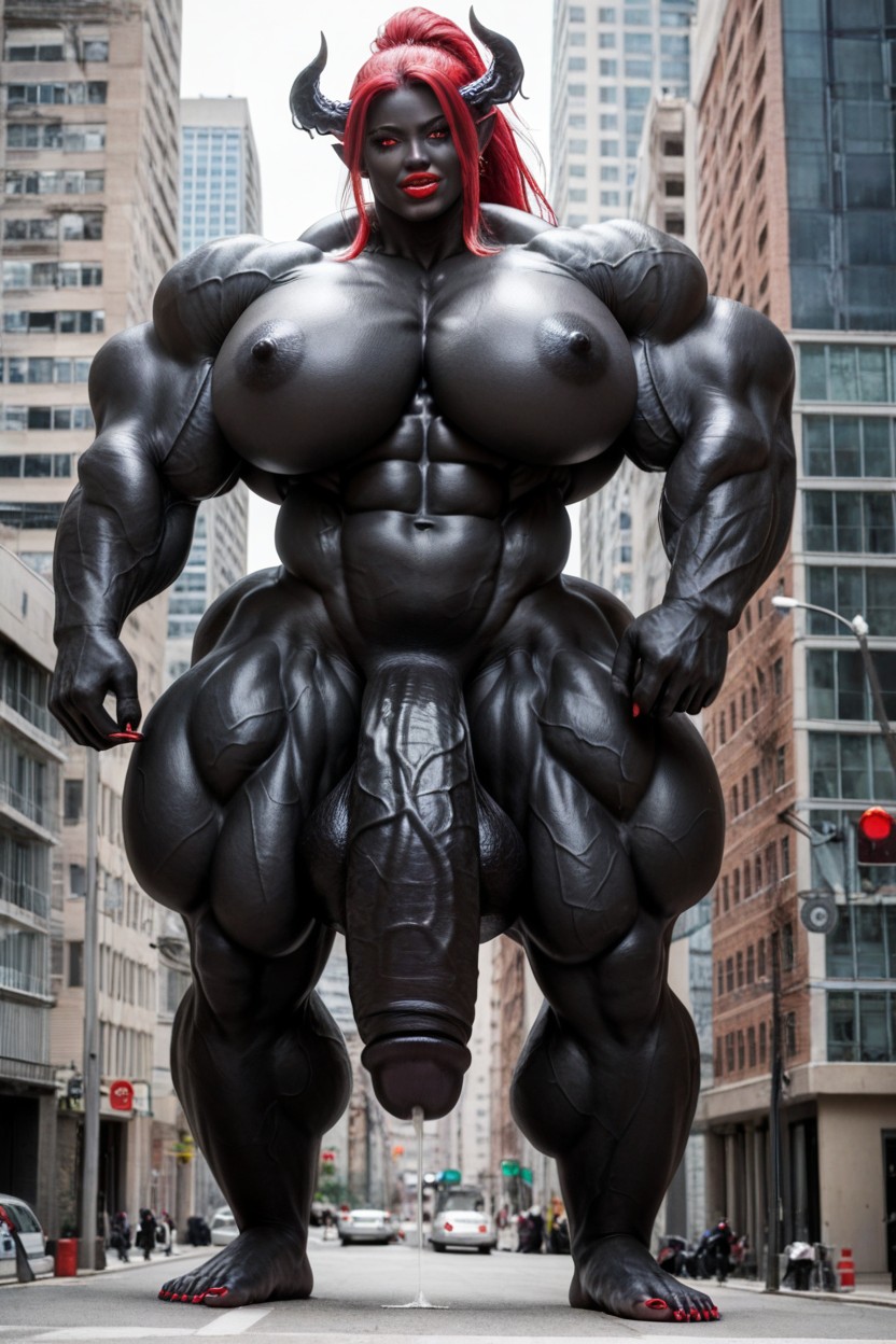 Exaggerated Big Butt, Futanari Penis Dripping Pre Cum, Gigantic Shoulders Shemale AI Porn