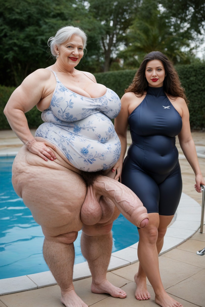 Bushy Thighs Like A Sasquatch, Floral Print Swimsuit, Giant Tall Futanari AI Porn