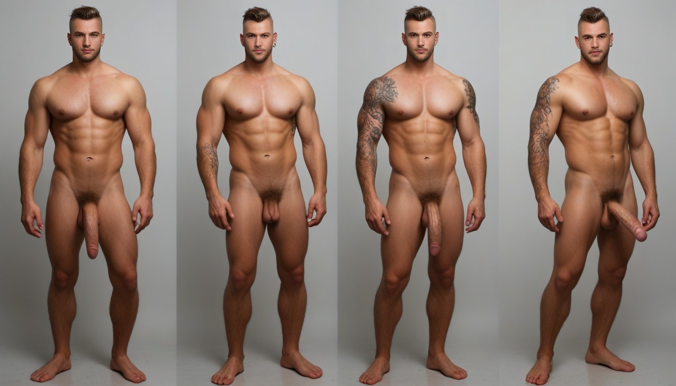 Standing Side By Side In Front Of Beach Bonfire At Sunset, Penises, Cannabis Leaf Crotch Tattoo AI Gay Porn
