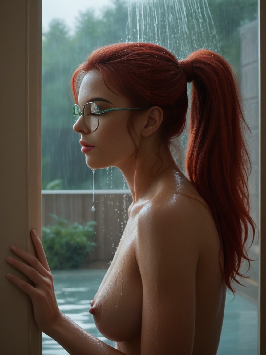 Ponytail, Water Dripping From Tits, Erect Nipples AI Porn