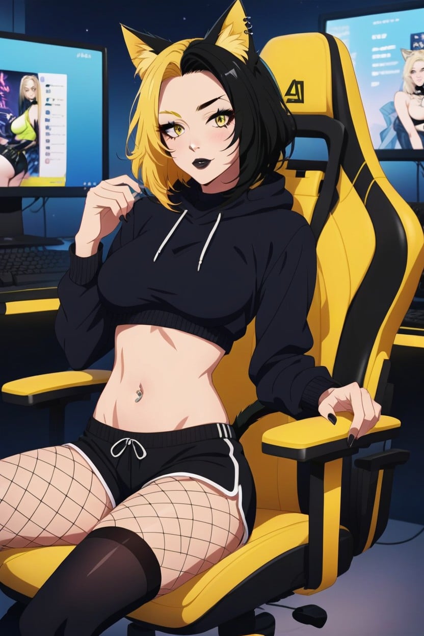 Cropped Sweater, Black Feline Tail, Navel Piercing Hentai AI Porn