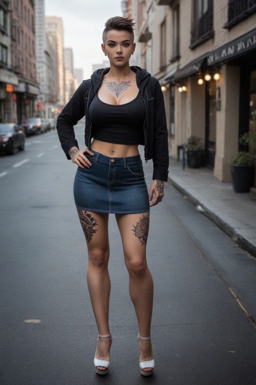 Brunette, Hoodie, Tattoos On Chest And Abdomen AI Porn