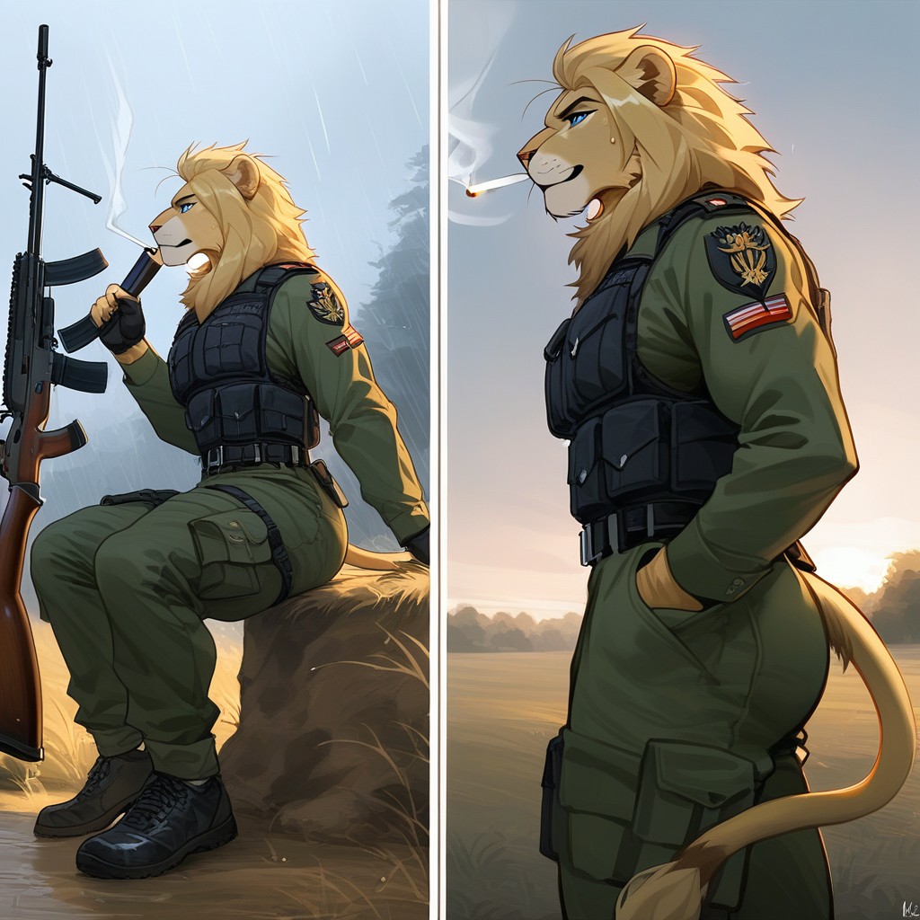 Yeux Bleus, Grand Angle, Militaire Porno IA Furry