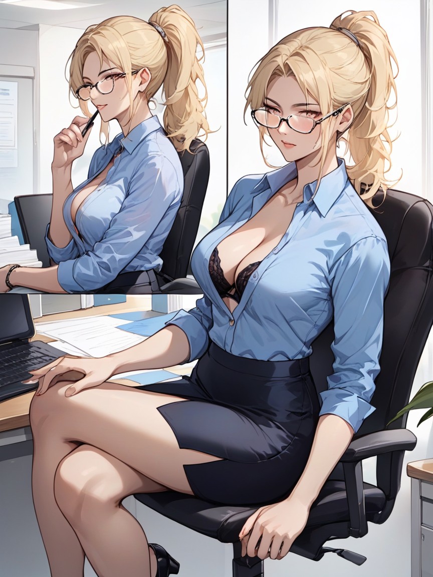 Cleavage, Woman Sitting In Office Chair, 18+ Hentai AI Porn