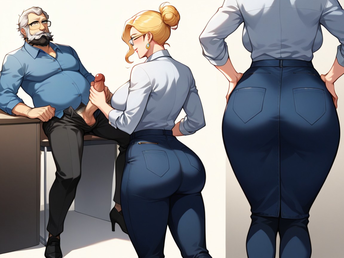 Woman With Ponytail Hair With Bangs, Woman With Medium Natural Breasts, Man Wearing Jeans Hentai AI Porn