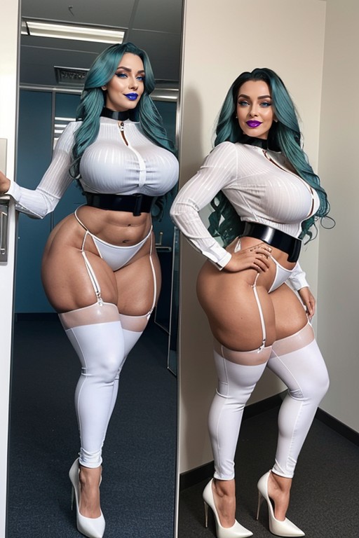 Curvy Steroid Bimbo, Botox Lips, Glossy Blue Lipstick AI Porn