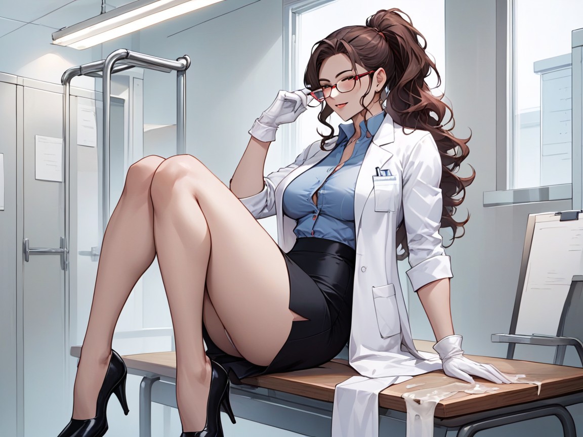 Lab Coat Open, Woman Wearing Black Skirt, Woman With Legs Open Hentai AI Porn