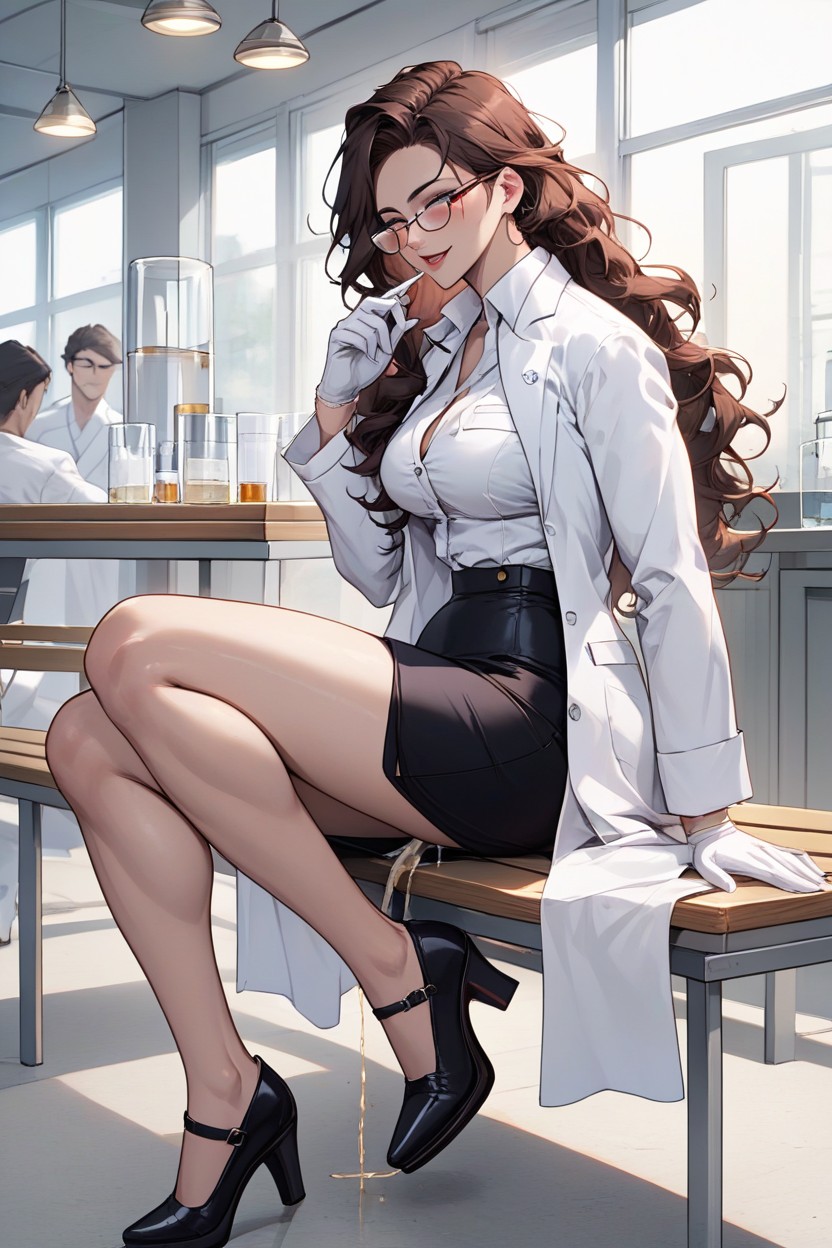 Open Lab Coat, Piss Dripping, Woman Wearing White Lab Gloves Hentai AI Porn
