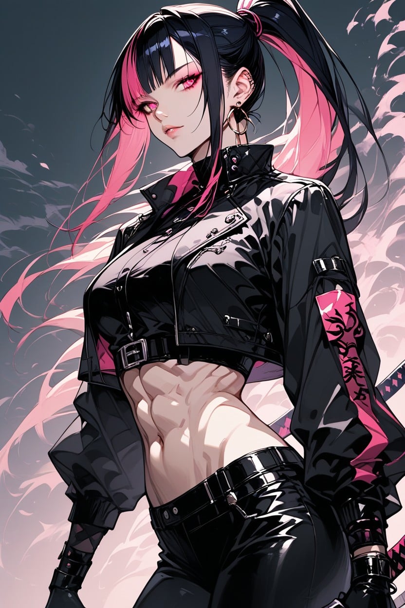 Pinnk Gloves, Black Jacket, Holding Weapon Hentai AI Porn