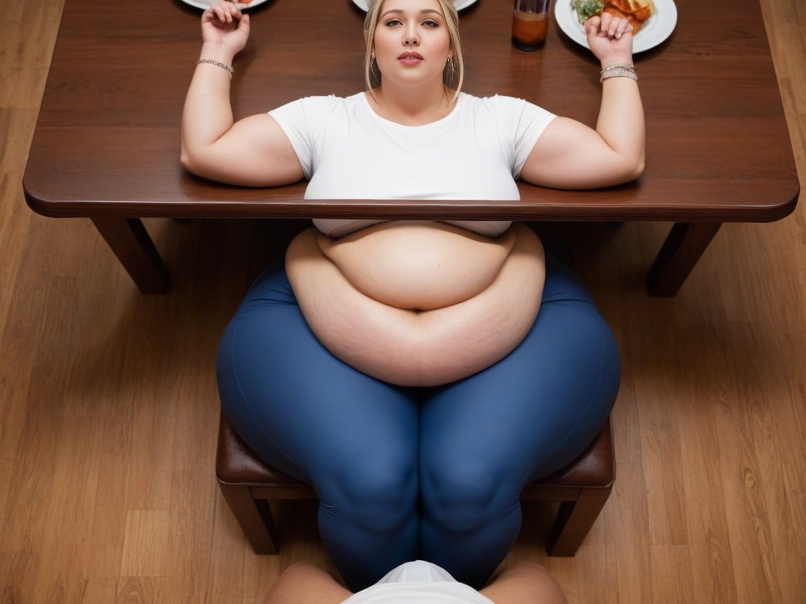 Sitting At Table, Ssbbw, Massive Belly Touching Floor AI Porn