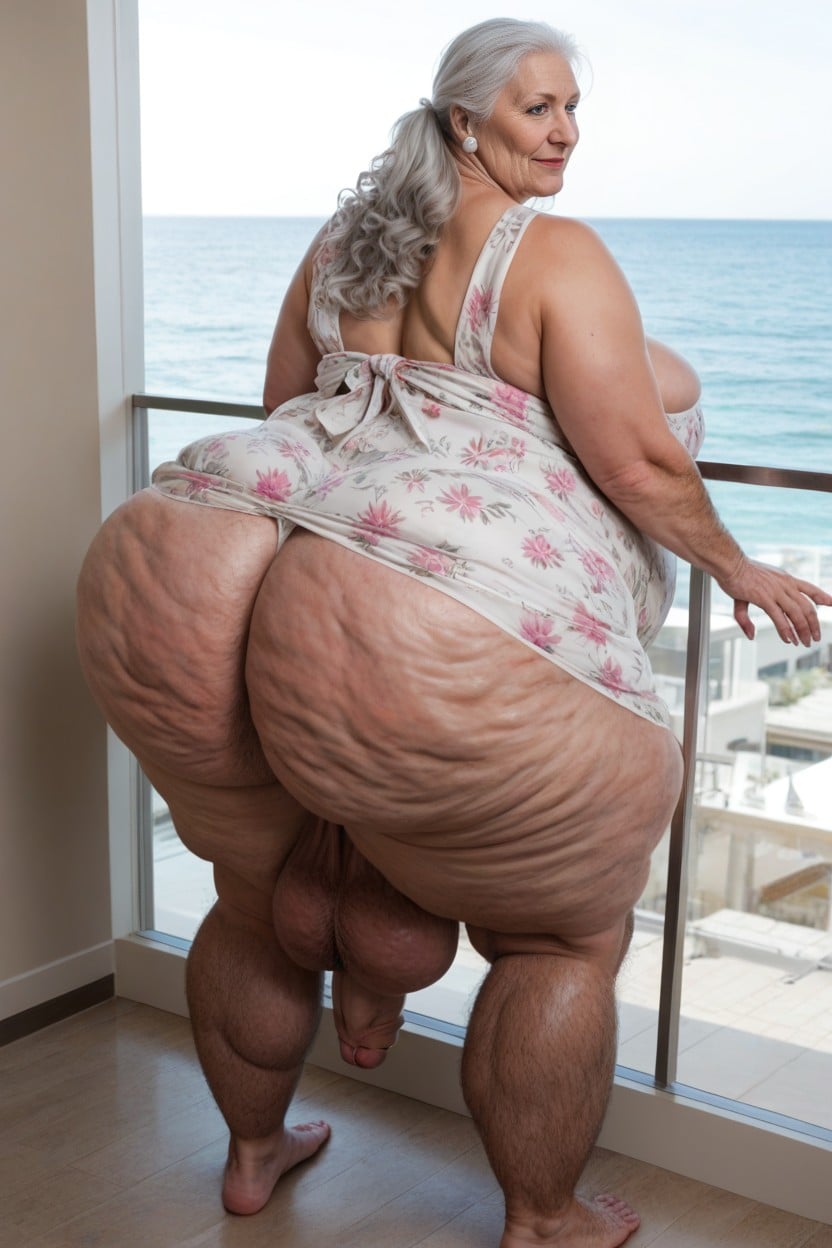Huge Obese Belly, Really Long Legs, Standing On Balcony AI Porn