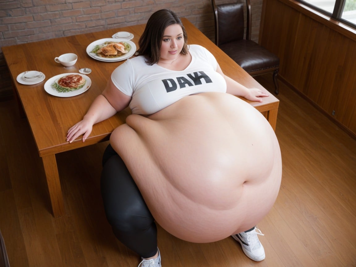 Hips Hanging To Floor Off Sides Of Chair, Massive Belly Taking Up Entire Room, Table Covers Most Of Belly AI Porn