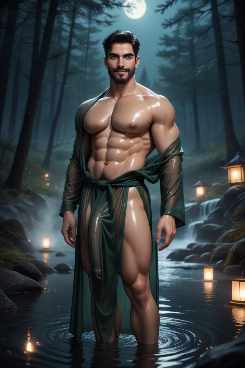 Naked, Wide Angle, Dark Green Robe AI Gay Porn