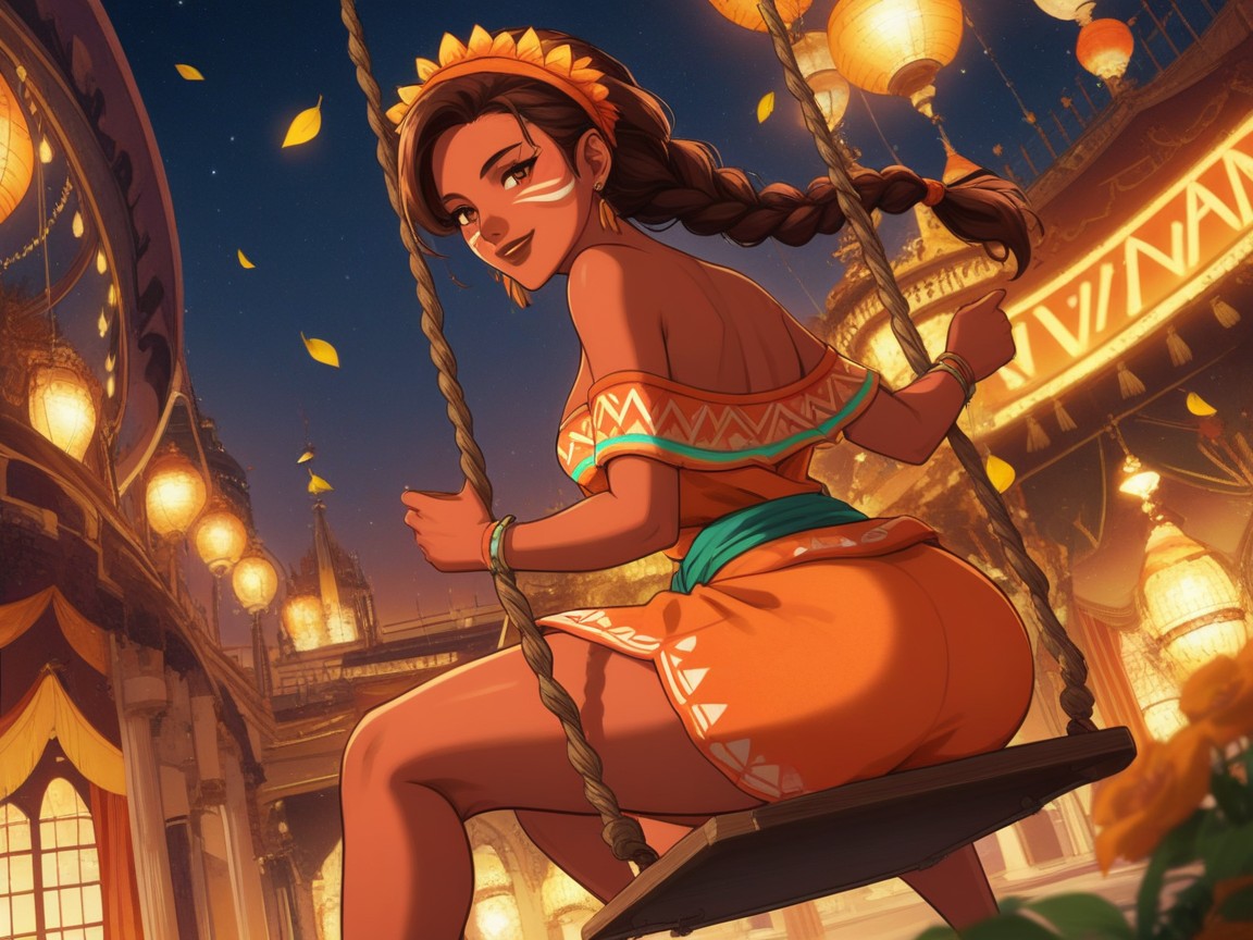 Rounded Hips, Orange Tribal Face Paint, Vibrant Saturated Colors ラティーナAIエロ