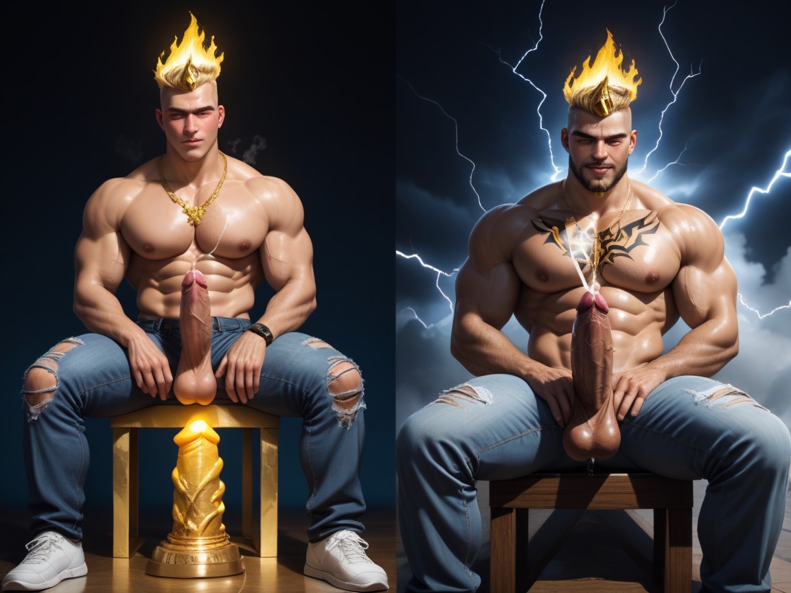 Sitting On Lightning Throne, Their Cocks Look Like Big Glowing Dildos, Dildo On Floor AI Gay Porn