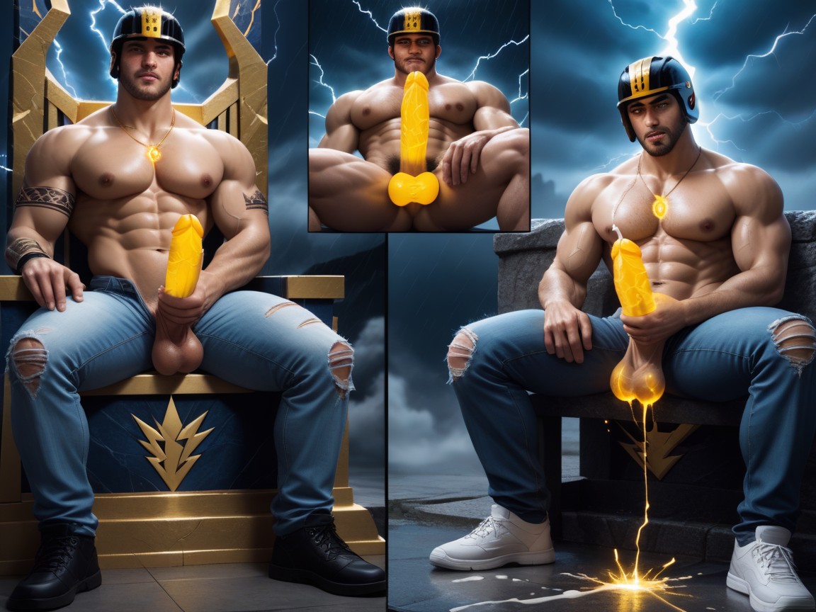 Naked, Grabbing Ass, Sitting On Lightning Throne AI Gay Porn