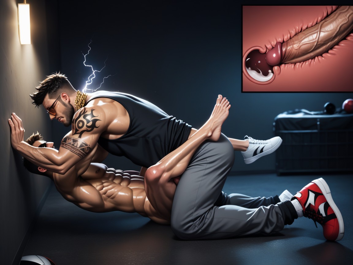Gray Sweatpants Pulled Fully Down, Open Vest, Breathing Heavily AI Gay Porn