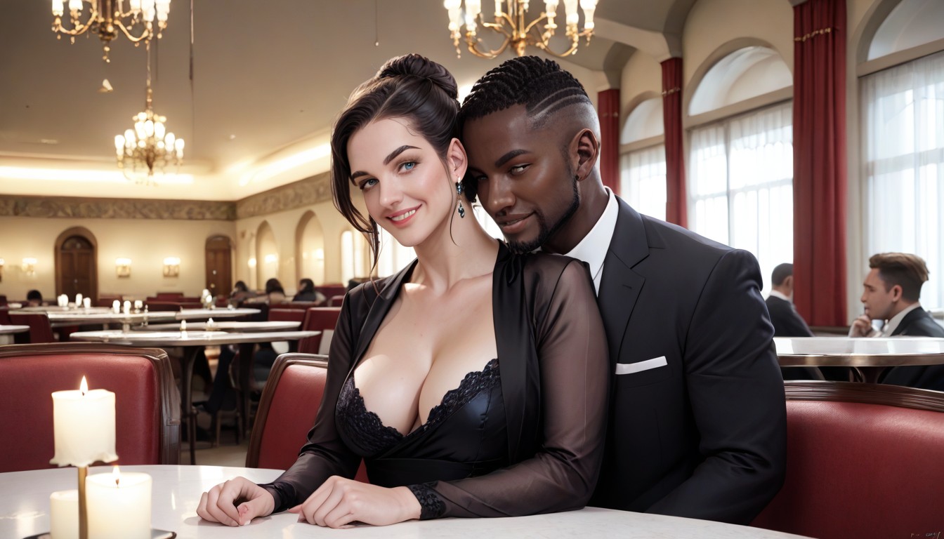 High Contrast, Sitting At Table For Two, Sharp Skin Color Contrast Hentai AI Porn