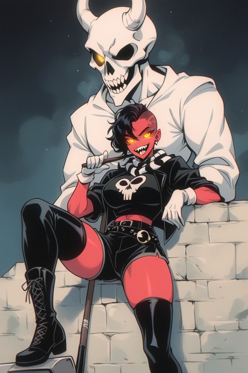 Skull Print On T Shirt, Dark Background, Open Jacket Hentai AI Porn